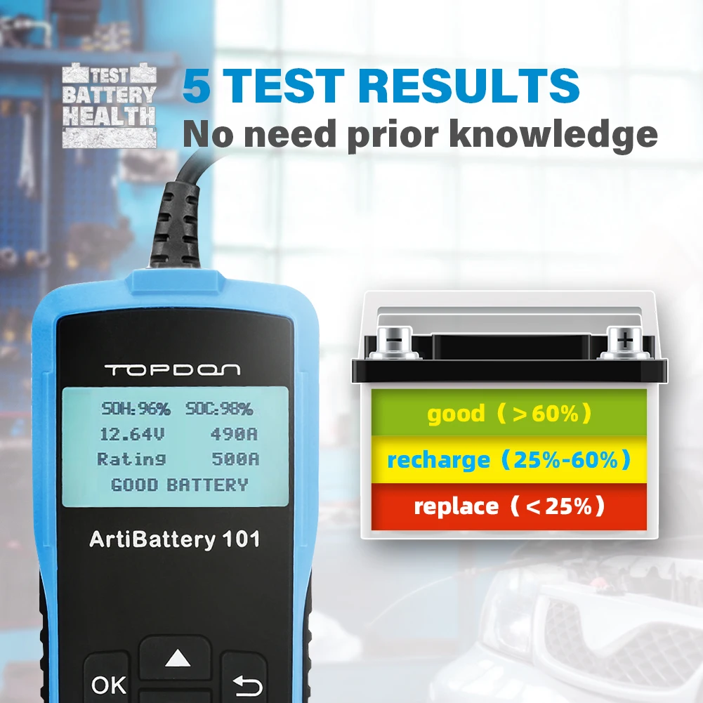 TOPDON-AB101 Digital Battery Tester 12V Monitor de Bateria De Carro Portátil, Cranking e Carregamento Tester Circuito, Analisador Automático, Veículo