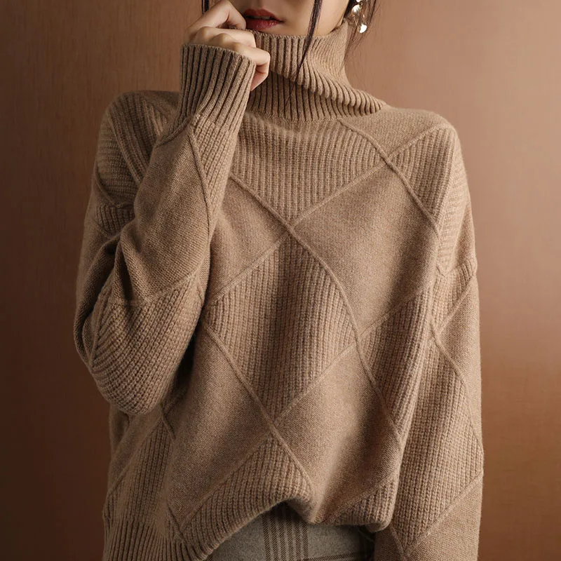 Cashmere sweater women turtleneck sweater pure color knitted turtleneck pullover 100% pure wool loose large size sweater women