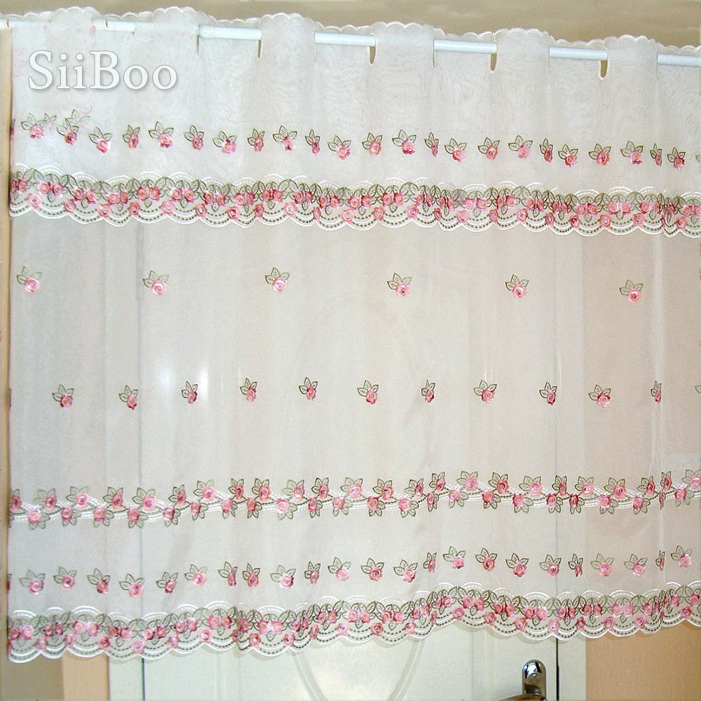 Pastoral style pink floral embroidery lace half-curtain bay window curtain for coffee kitchen room tulle SP4156 Free shipping