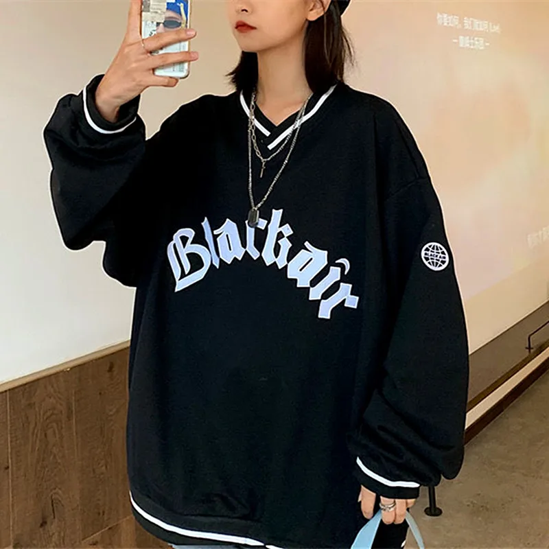 American Los Angeles Letter Embroidered Hoodie Sweatshirt Women Vintage V-neck Oversized Punk Style Hip Hop Brand Fashion Autumn