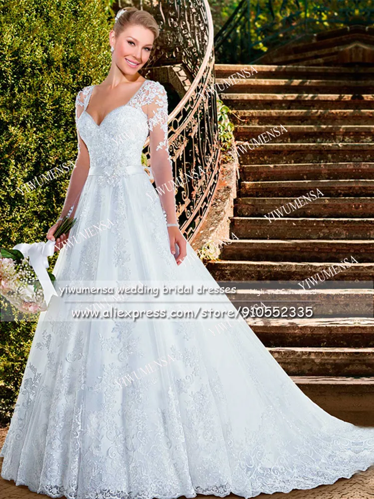 YIWUMENSA Luxury Princess A Line abito da sposa Appliques di pizzo bianco scollo A V perline lunghezza del pavimento bottoni indietro illusione abito da sposa