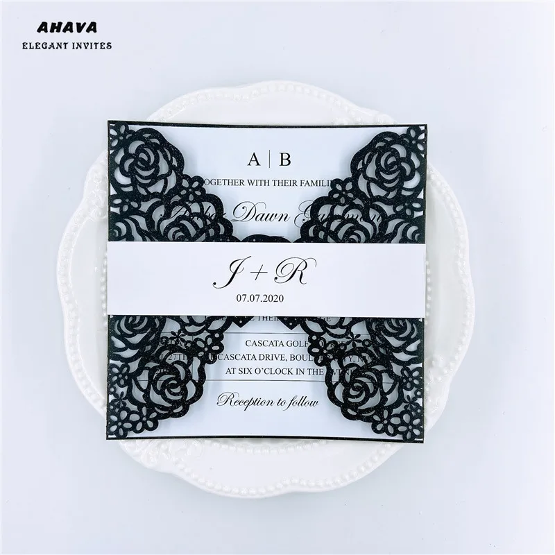 

50pcs/set European Style Lace Wedding Invitations Cards Black Laser Greeting Card Bowbelt Wedding Engagement Party Supplier