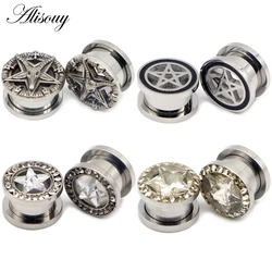 Alisouy 2pcs Pentagram Stainless Steel Double Flared CZ Star Ear Tunnel Flesh Plugs Orelha Gauges Earrings Body Piercing Jewelry