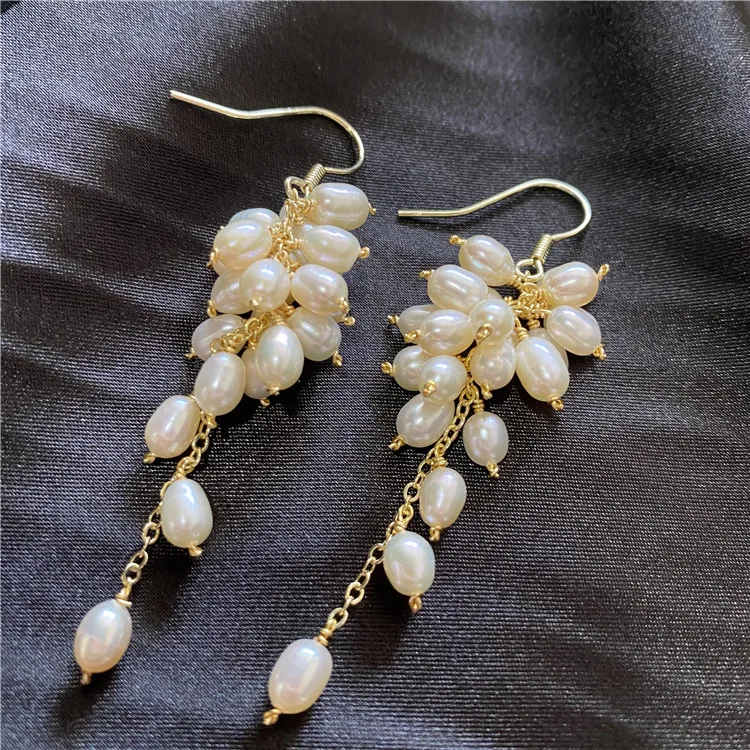 Natural Rice  White Freshwater Pearl Gold Plated Hook Earrings For Girls Fashion Jewelry