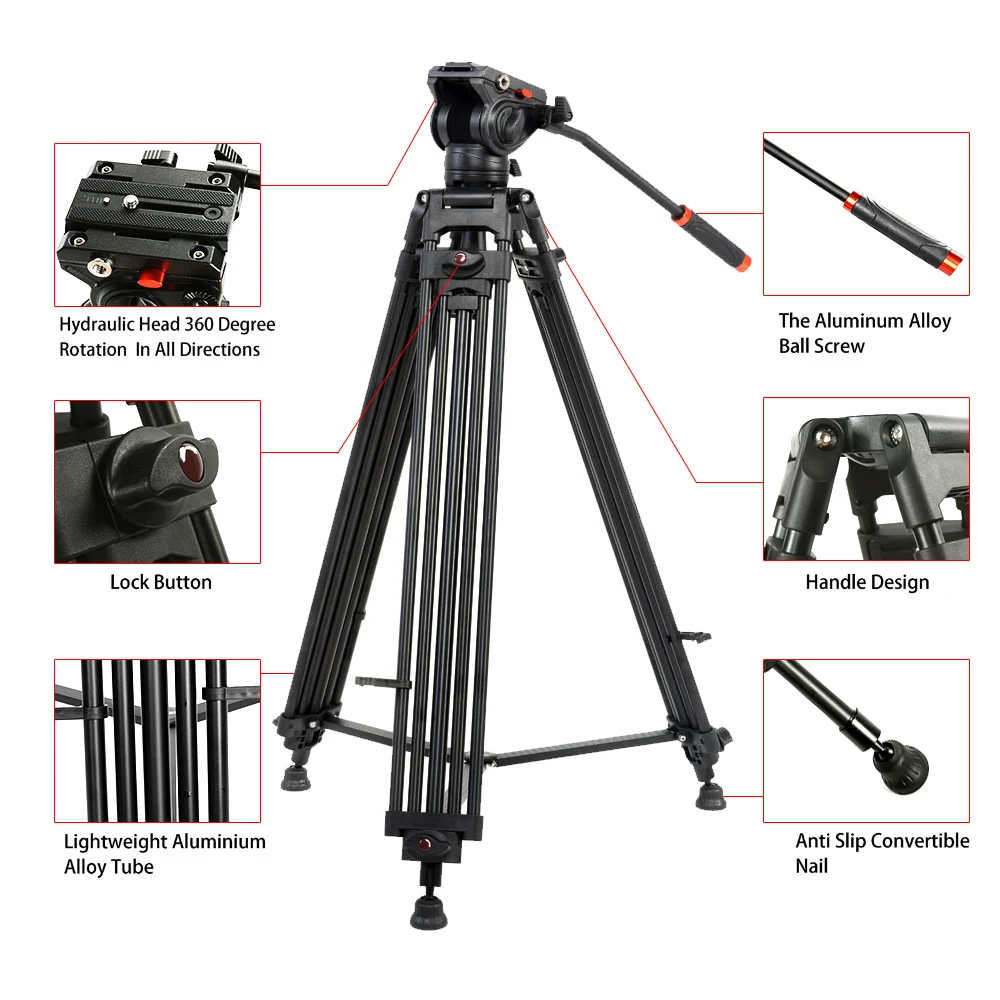 Professional Tripod Heavy Duty Video Tripod Aluminum Fluid Hydraulic Drag Head Quick Shoe Plate for DSLR Camcorders Video Camera