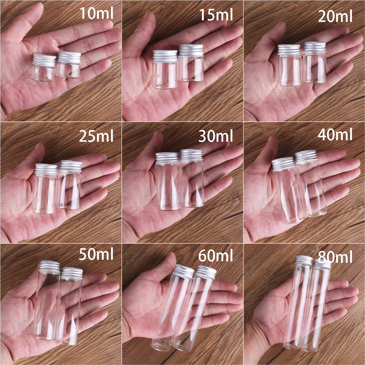 24szt/lot 10ml 15ml 20ml 25ml 30ml 40ml 50ml 60ml 80ml 100ml Szklane butelki Słoiki z aluminiowymi pokrywkami na prezenty ślubne Rękodzieło artystyczne