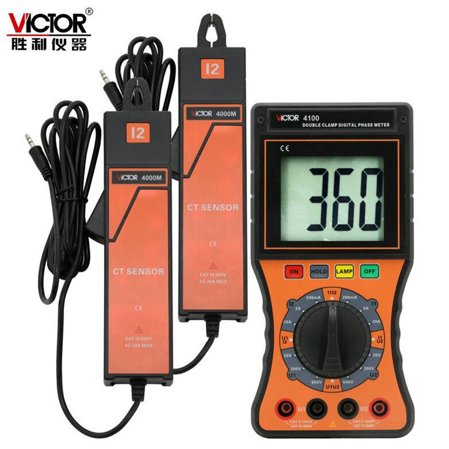 VICTOR 4100 Phase Volt Ampere Meter High Precision Double Clamps Digital (600V Digital Voltmeter) LCD Display,New.