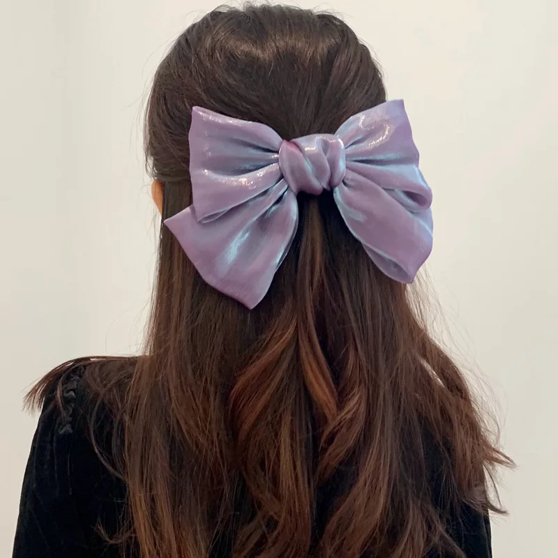 Pinzas para el pelo con lazo grande púrpura para mujer y niña, horquilla de satén brillante francés, Clip superior Simple de Color sólido,