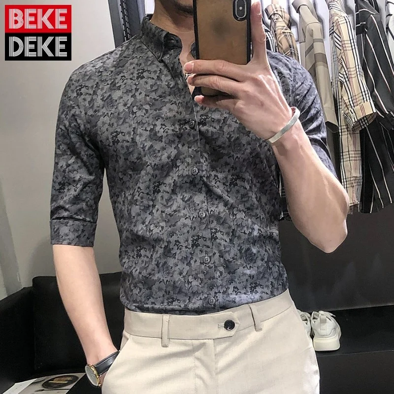 

Style Korean Mens New Slim Turn-Down Collar Single Breasted Casual Shirt 2022 Summer Printing Design Fashion Vintage Blouse