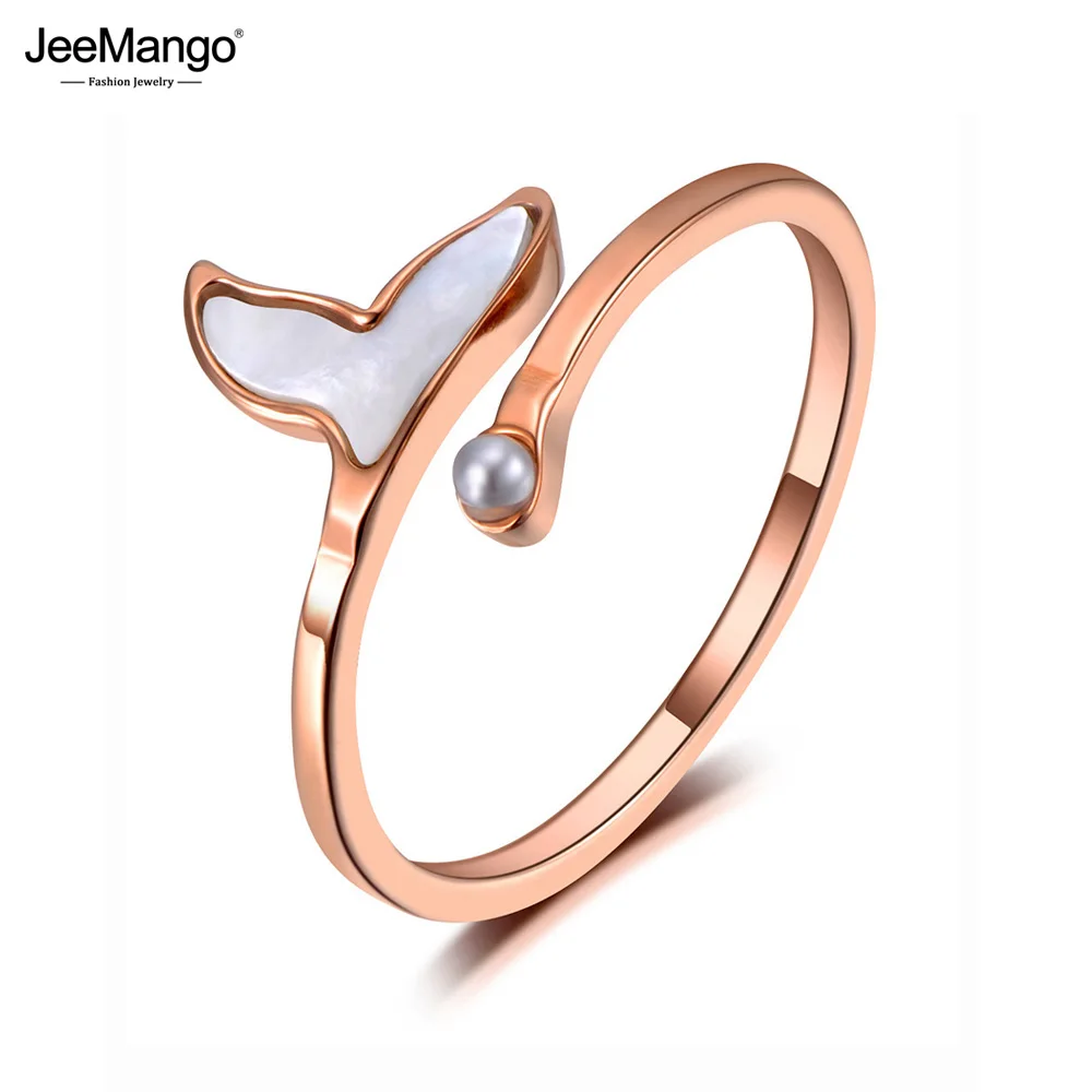 

Кольцо JeeMango из титановой стали с белой ракушкой и рыбьим хвостом, ювелирное изделие цвета розового золота с имитацией жемчуга, фотокольца для женщин и девушек JR19143