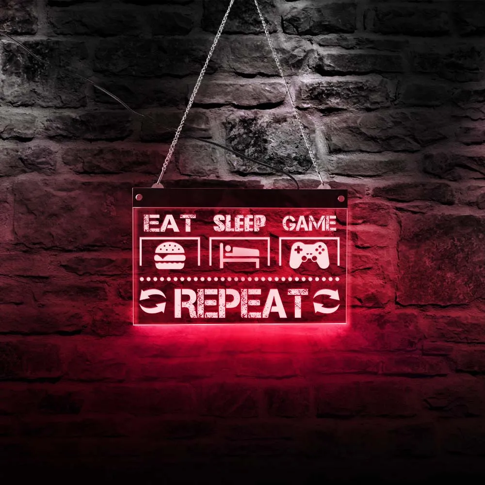 

Eat Sleep Game Repeat Funny Gaming Quote LED Neon Sign Man Cave Wall Light Video Gamer Room Lighting Décor Electric Display Sign