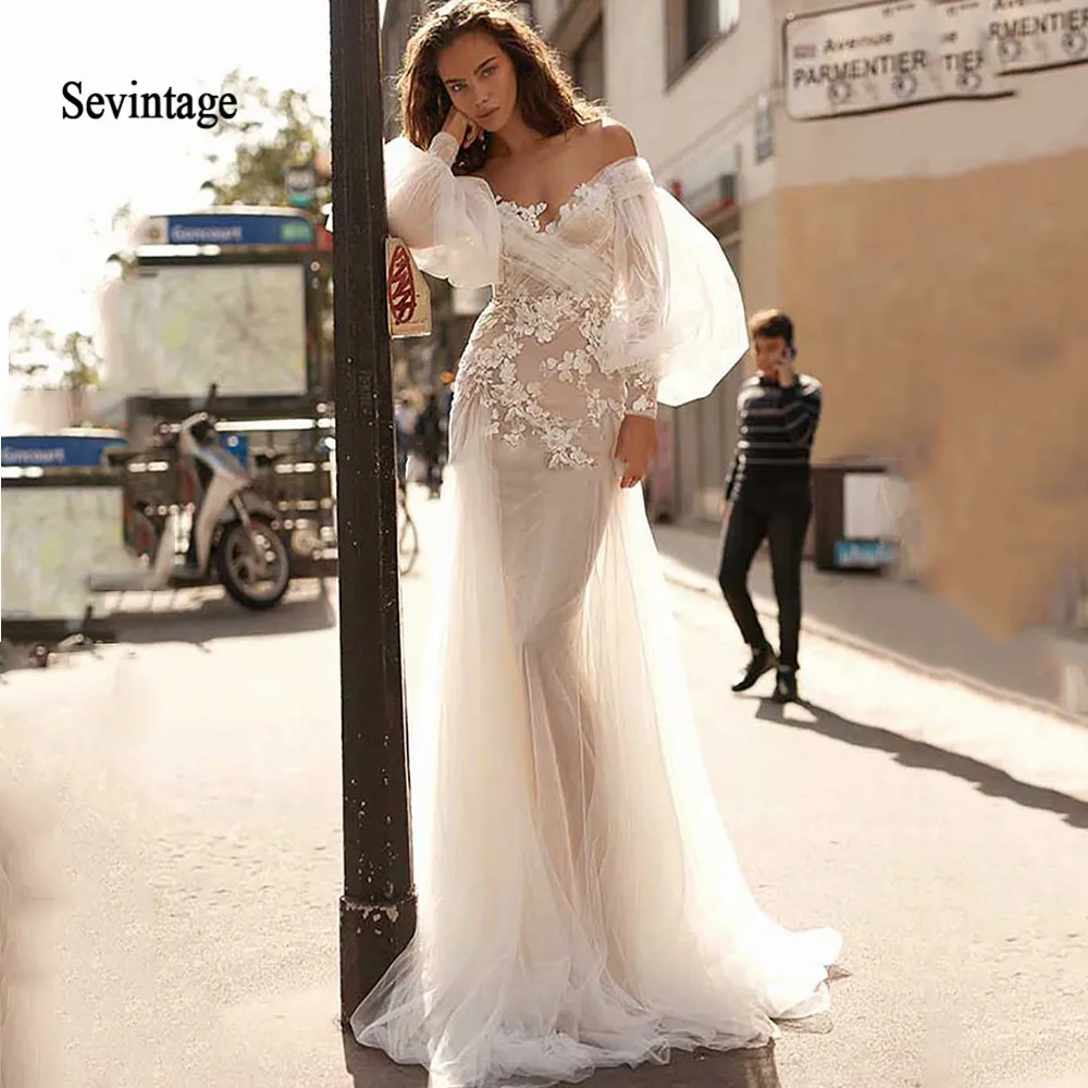 Robe de mariée sirène bohème à manches longues bouffantes, appliques en dentelle, robes de mariée, hors de l'initiative, fête de mariage, priorité