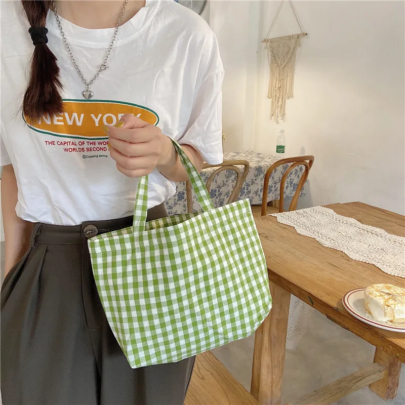 Portable Cotton Women Lunch Bento Bag Vintage Plaid Canvas Ladies Small Handbags Simple Female Cloth Mini Tote Bag Clutch Purse