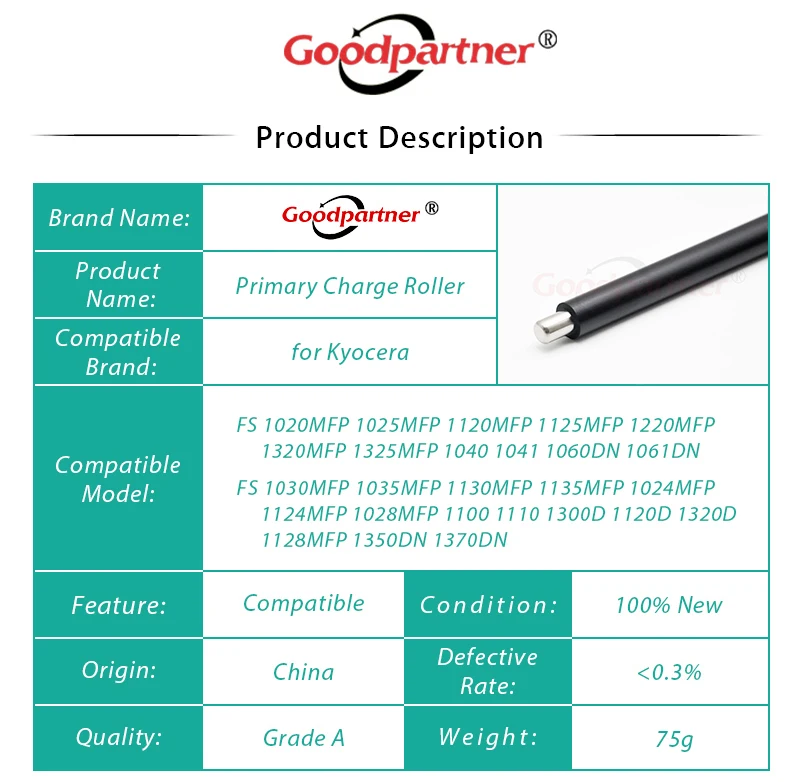 10X DK-1110 Primary Charge Roller for Kyocera FS 1125 1020 1025 1120 1220 1320 1325 1030 1035 1130 1135 1024 1124 1028 1128 MFP