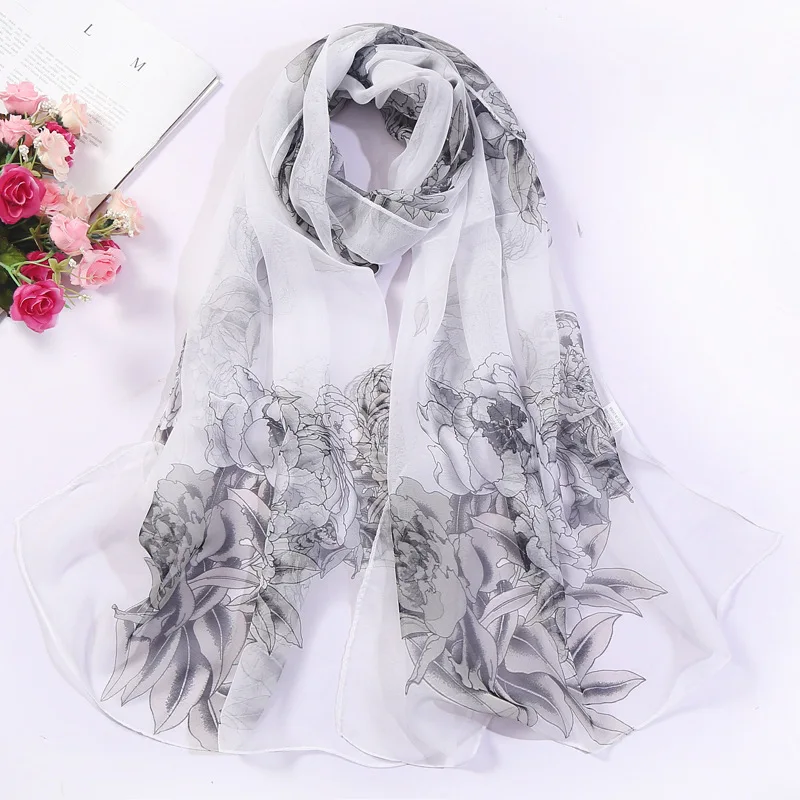 Lily Rose Flower Print Women Foulard Chiffon Georgette Bandana Scarf Long Shawl Summer Beach Sunscreen Scarf hijab Elegant Thin