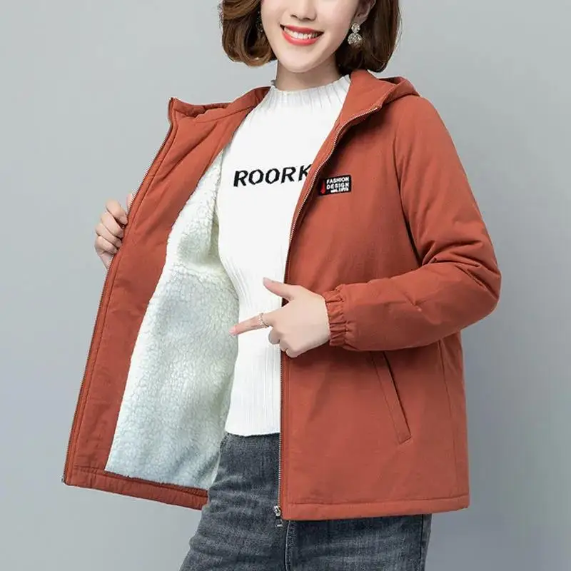 Add Fleece Winter Jacket Women 2022 Spring Autumn New Loose Coat Female short Hooded Windbreaker Outerwear Casual Outerwear 5XL