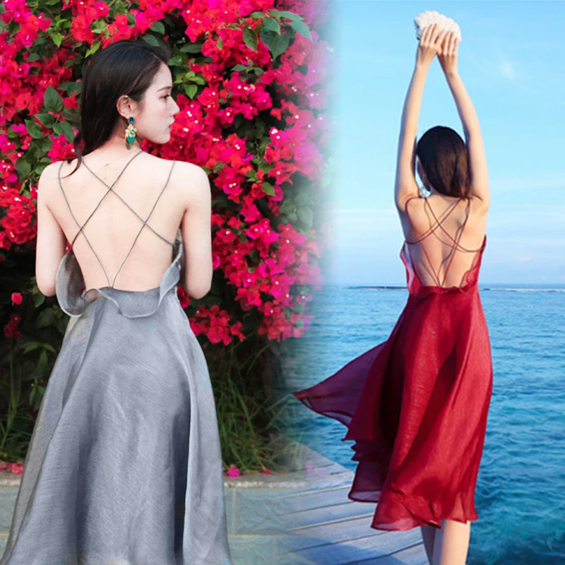 Bali Beach dress women vestidos New Super Fairy Beach Holiday Sexy Backless Halter DressThailand Sanya Travel Photo Summer dress