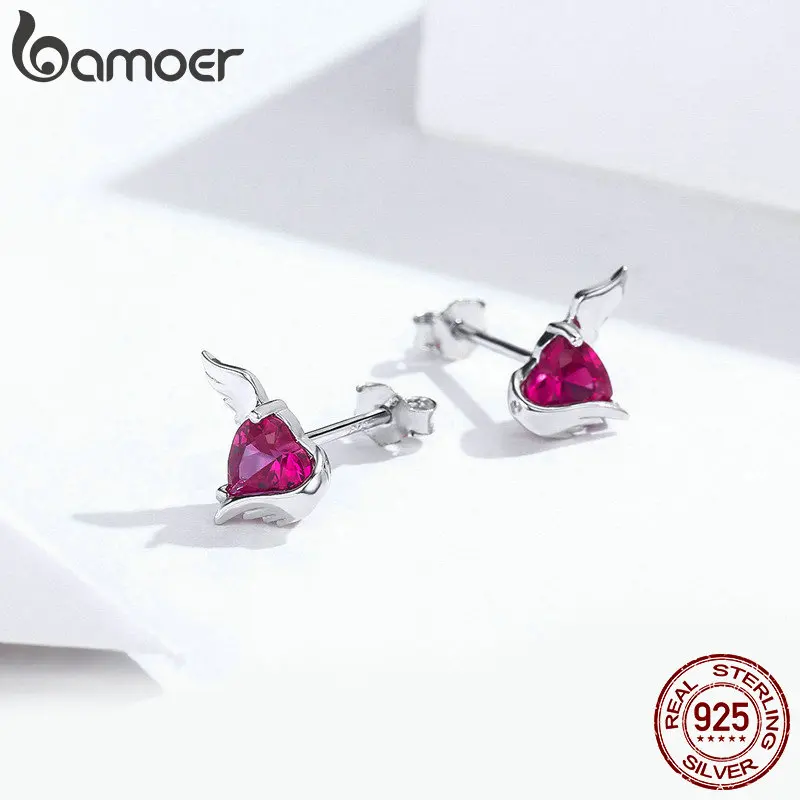 BAMOER moda argento Sterling 925 angelo e diavolo rosa CZ cuore orecchini per le donne gioielli in argento Sterling festa della ragazza