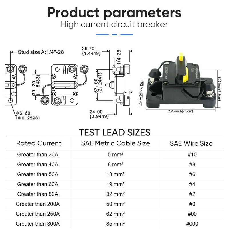 30A 40A 50A 60A 80A 100A 120A 150A 200A 250A 300A AMP Circuit Breaker Fuse Reset 12-48V DC Car Boat Auto Waterproof Solar System