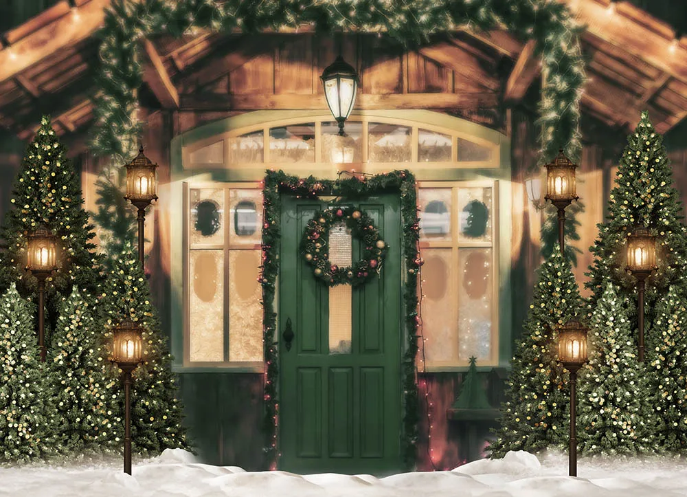 Christmas Wooden House Winter Snow Background Backdrop For Photography Dark Green Door Photo Background Christmas Tree Backdrop