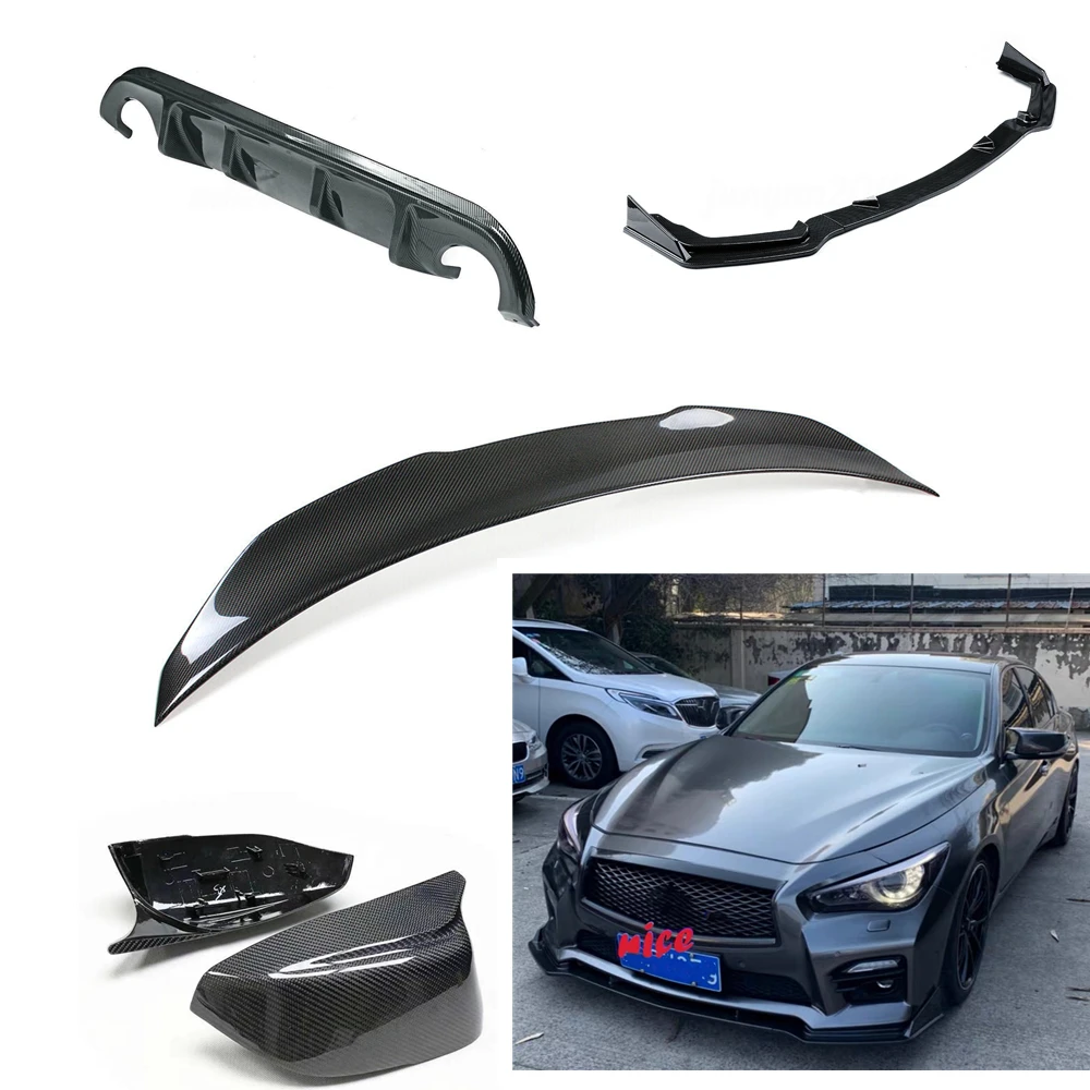 

For Infiniti Q50 2014-2017 Sport Car Carbon Fiber+ABS Front Bumper Splitter+Rear Diffuser Lip+Mirror Cover+Trunk Spoiler Wing