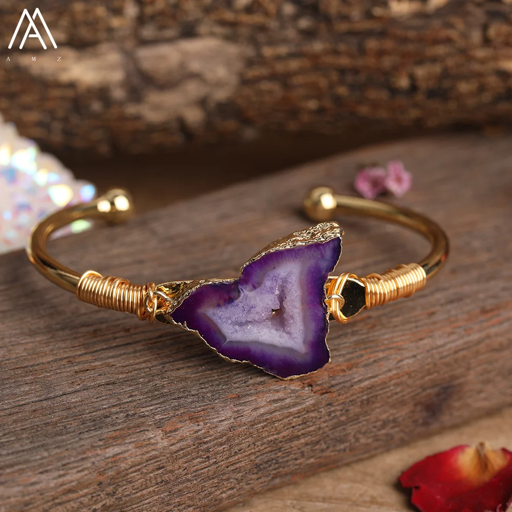 Women Fancy Natural Druzy Drusy Agates Stone Slab Beads Open Cuff Bangle Bracelet Fashion Agates Stone Bracelet Jewelry Dropship