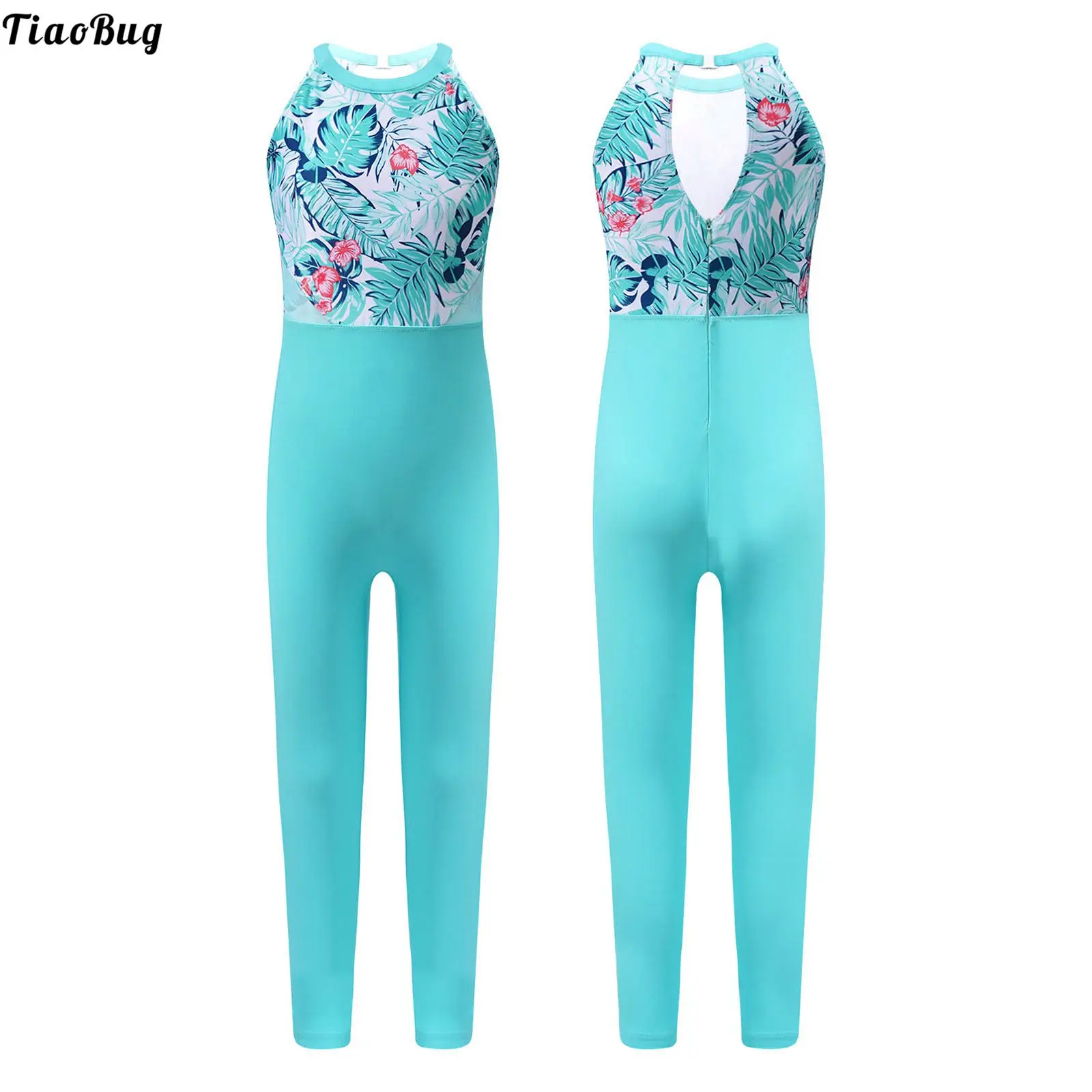 

TiaoBug Kids Girls One-Piece Print Jumpsuit Halter Sleeveless Backless Mesh Patchwork Full Length Swimming Dance Gym Leotards