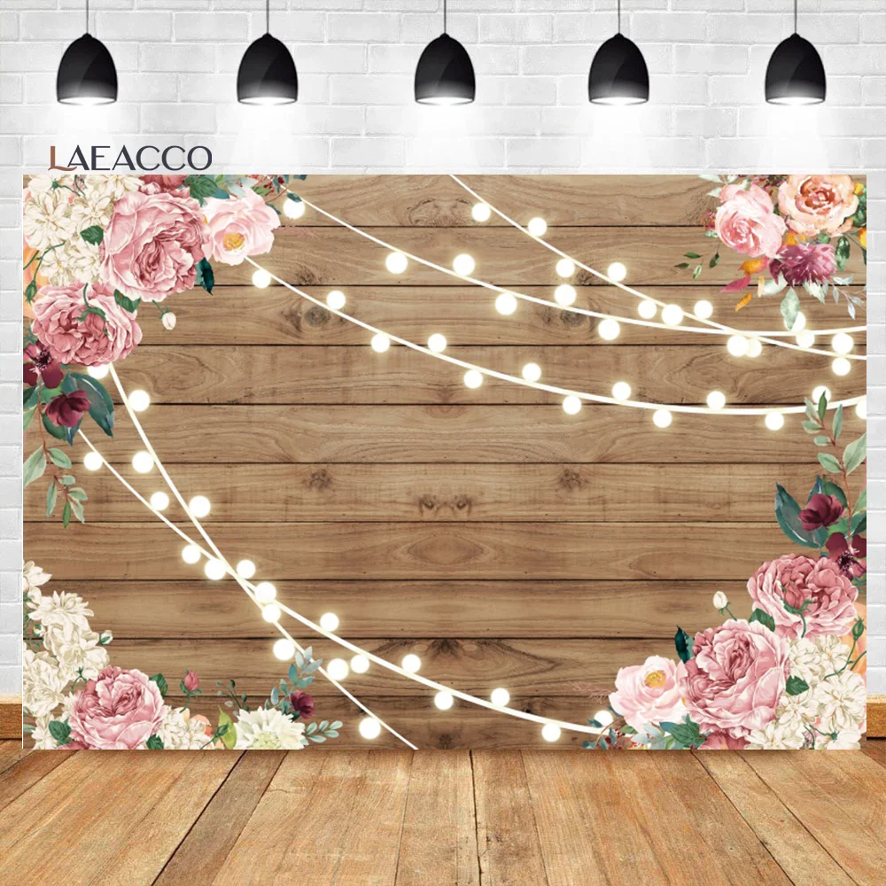 

Laeacco Pink Floral Wood Board Bridal Shower Photocall Backdrop Women Girls Birthday Portrait Customized Photography Background