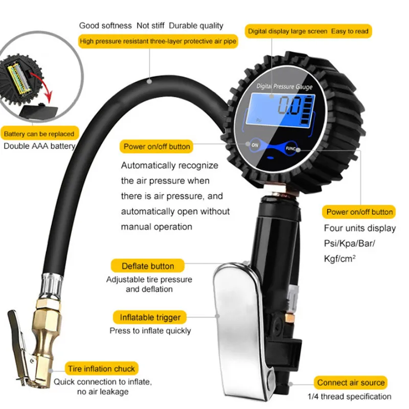 Car Truck Air Tire Inflator with Digital Pressure Gauge 200 PSI Air Chuck & Hose Pistol Type Automobile Pressure Gauge