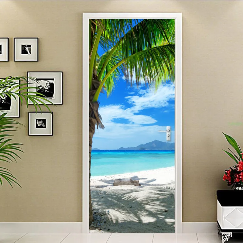 Modern 3D Beach Landscape Door Sticker Dining Room Bathroom PVC Waterproof Self Adhesive Mural Wallpaper For Walls 3 D Stickers