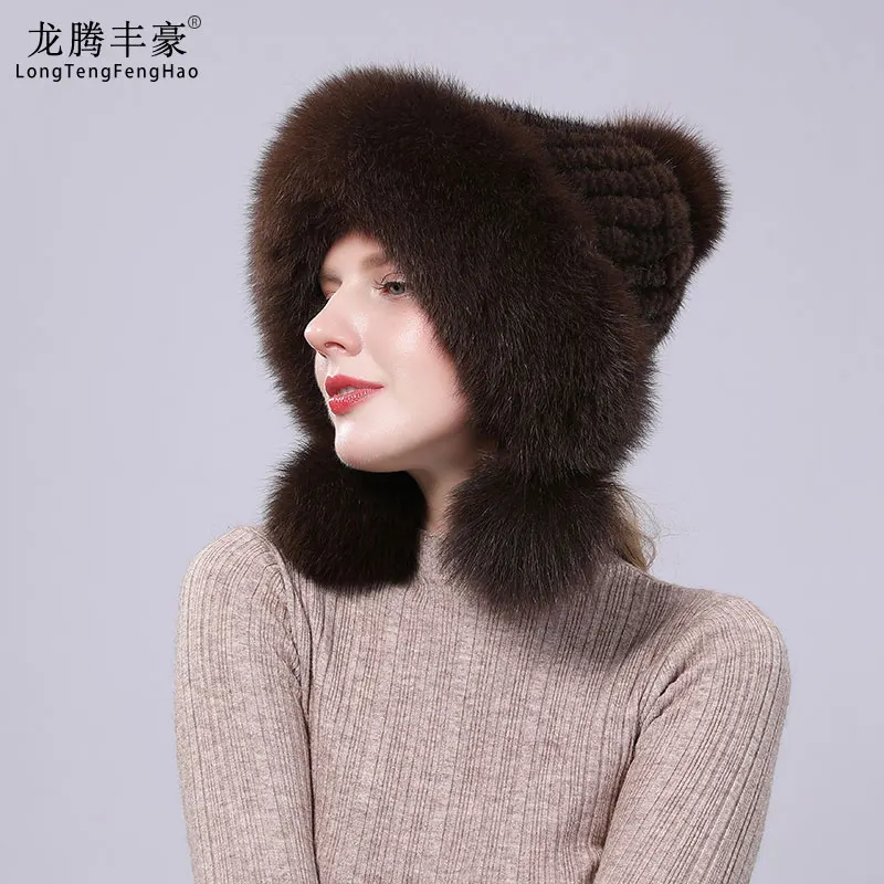 Real Mink Hat With Fox Fur Ball Velvet Mink Knit Hat Winter Earmuffs Protection Women'S Russian Warm Fox Fur Aviator Hat