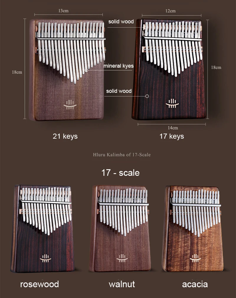 Hluru Kalimba 17 Key with Hole Full Solid Wood Thumb Piano 21 Key Kalimba Musical Instrument Professional Mbira For Beginners