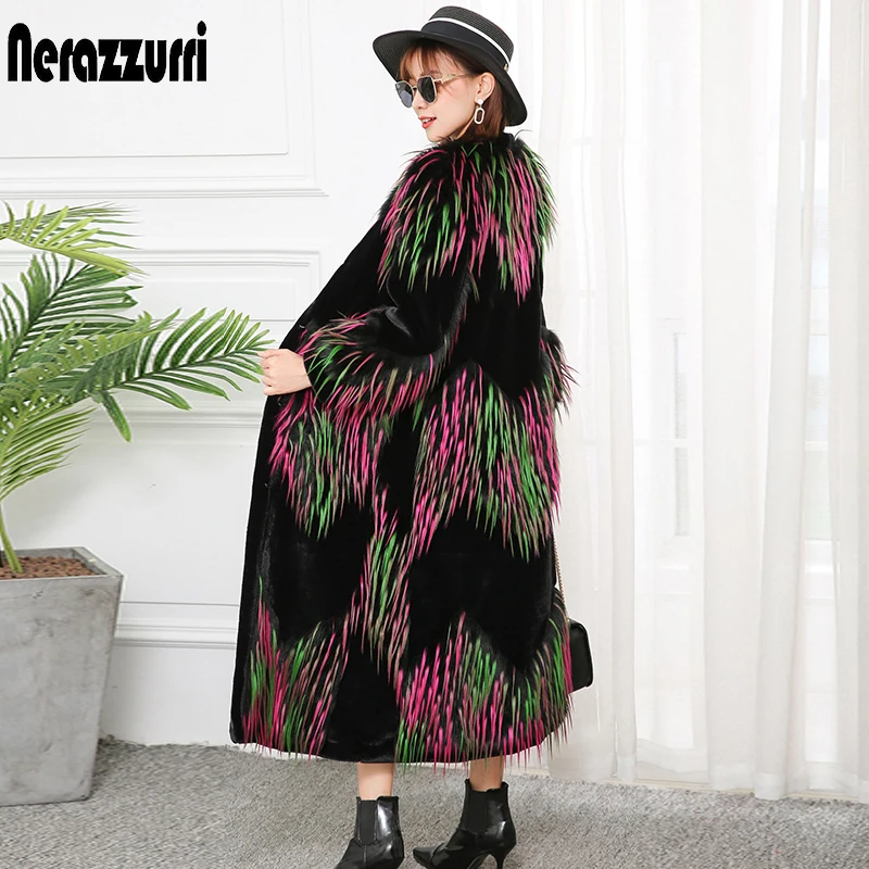 Nerazzurri Winter Multicolor Long Fluffy Patchwork Faux Fur Coat Women Designer Korean Fashion with V Neck Elegant Streetwear