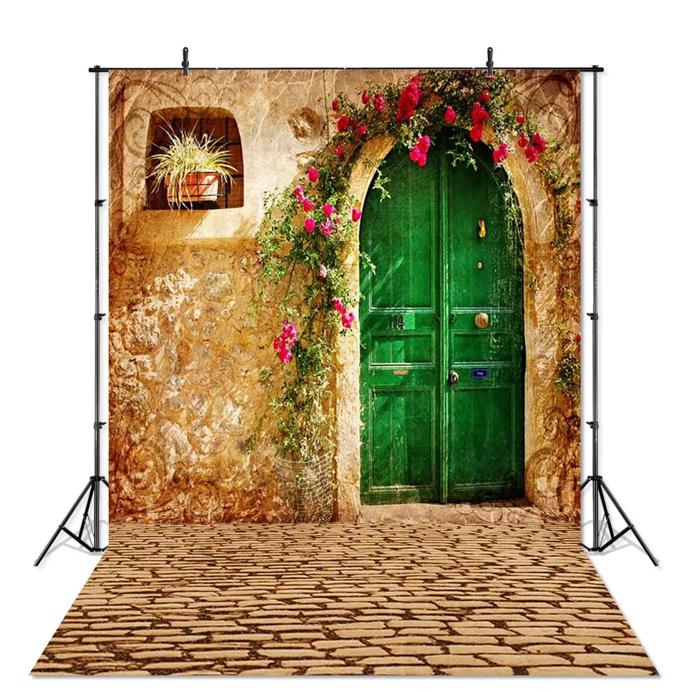 

Vintage Outdoor Green Wooden Door Stone Wall Photography Backdrop Spring Wedding Photo Background for Photo Studio Props