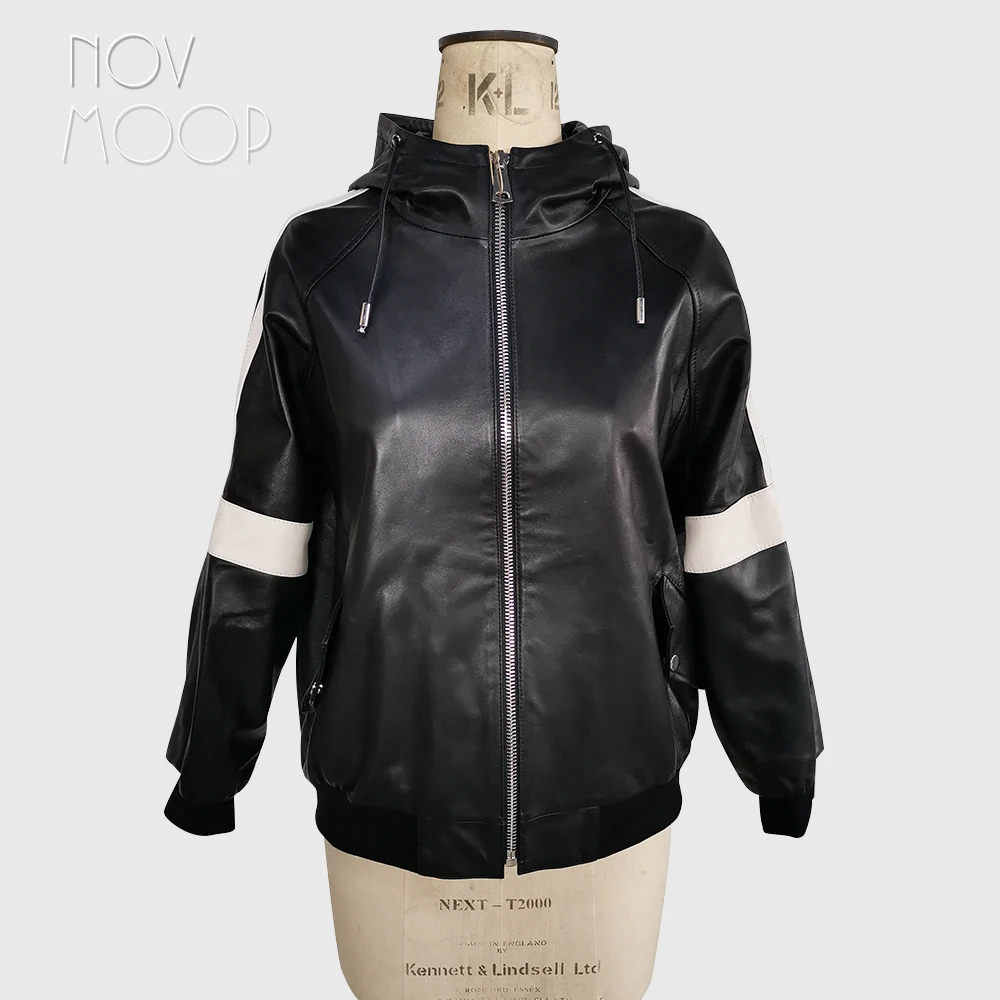 Novmoop-chaqueta deportiva de piel de oveja auténtica para mujer, chaqueta con capucha, parche de color, LT3283