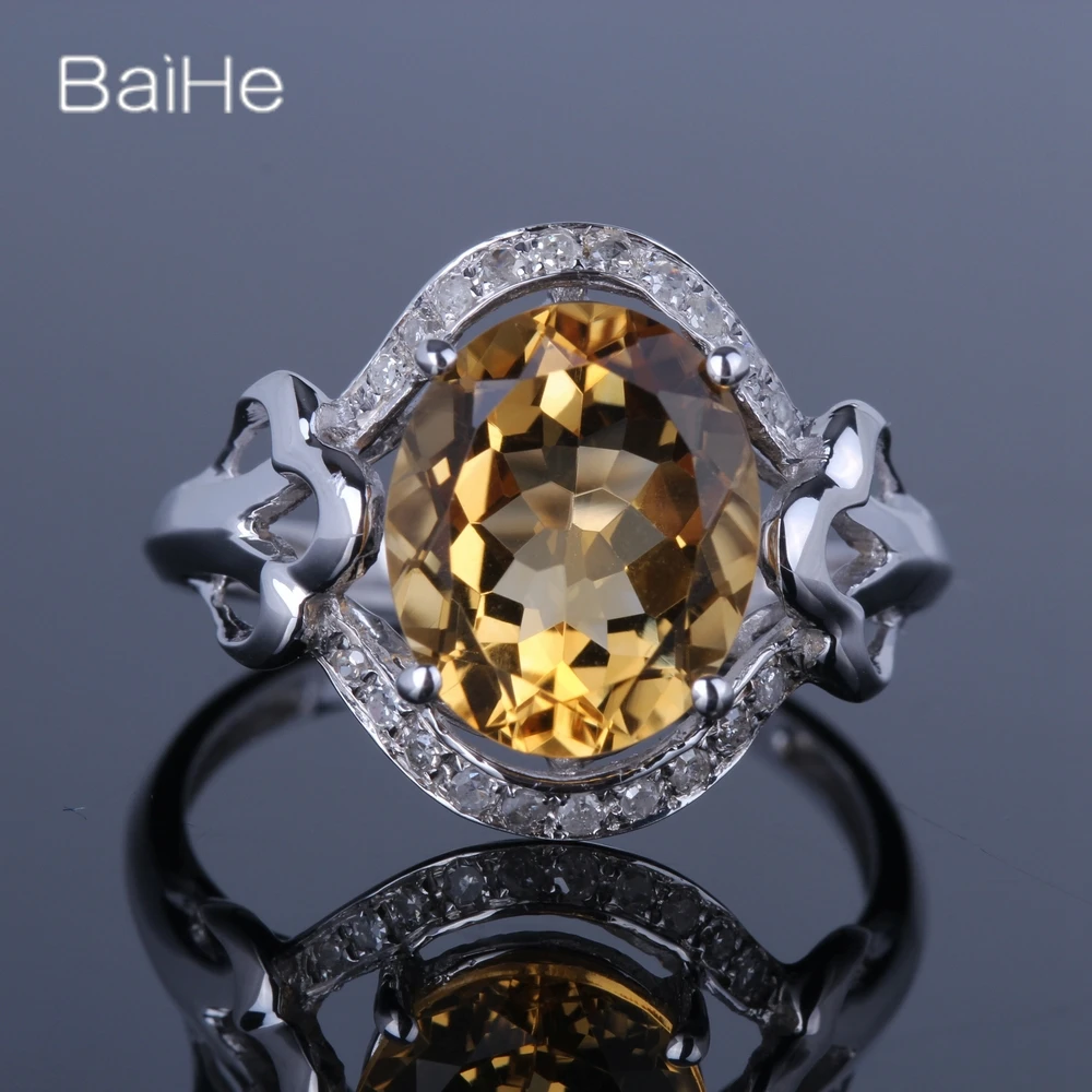 

BAIHE Solid 14K White Gold 1.6CT Yellow Oval Genuine Citrine Wedding Gift Trendy Fine Jewelry Citrine Ring for Women