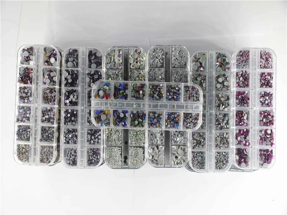 12Grid 1000pcs Mix Sizes Hot Fix Rhinestones Set Flatback Stone Crystal Glass Strass Glue on Rhinestones for Wearing Garment