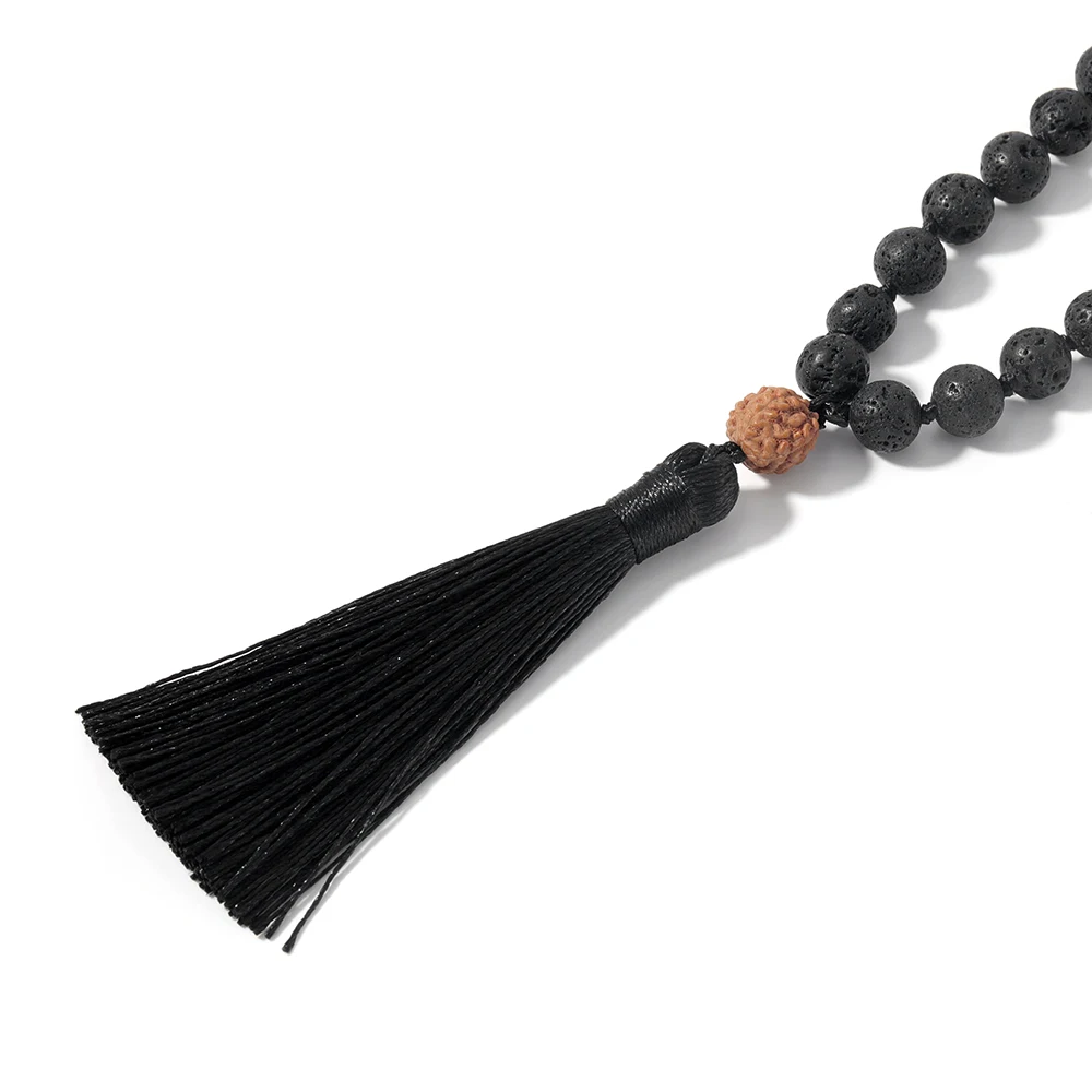 Rudraksha&Black Lava Beaded Knotted 108 Mala Necklace Meditation Yoga Japamala Jewelry with Tree of Life Charm