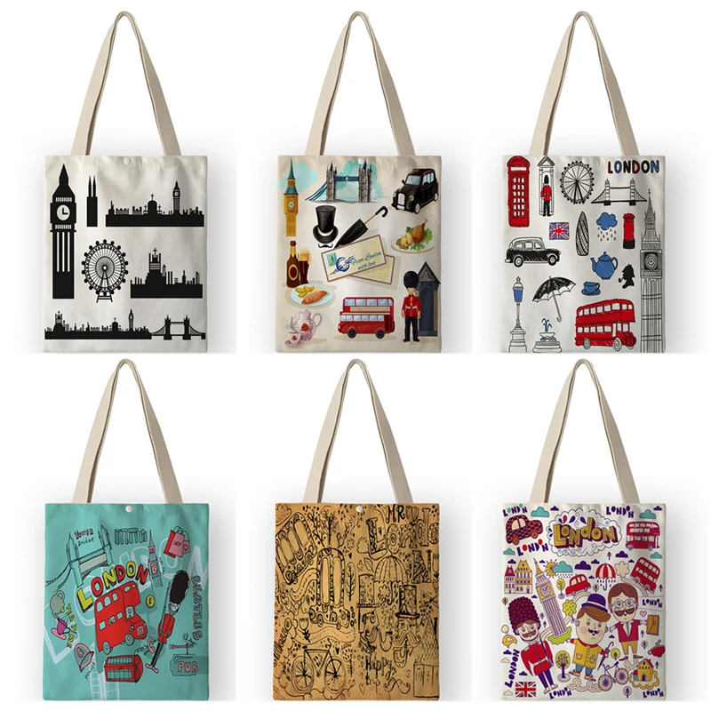 Vinatge British Style Womens Canvas Shoulder Bags Cartoon London Prints  Shopping Handbags Totes Travel AKB01110