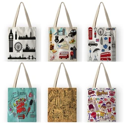 Vinatge British Style Womens Canvas Shoulder Bags Cartoon London Prints  Shopping Handbags Totes Travel AKB01110