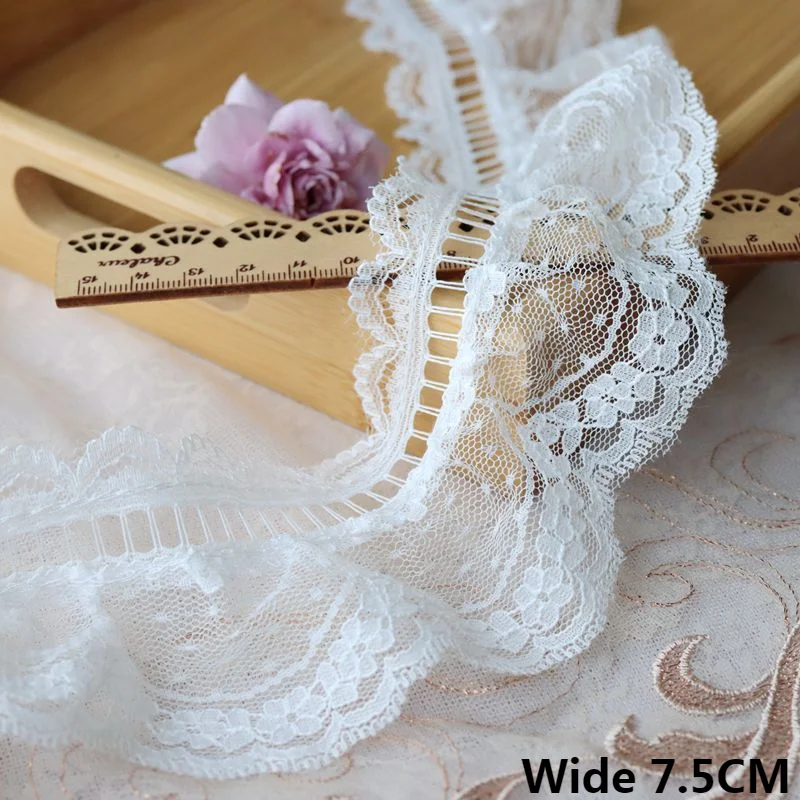 7.5CM szerokości biały miękki woal haftowane koronkowe przeszycia kołnierz mankiety Ruffles wykończenia suknia ślubna zasłony DIY szycia Fringe Decor