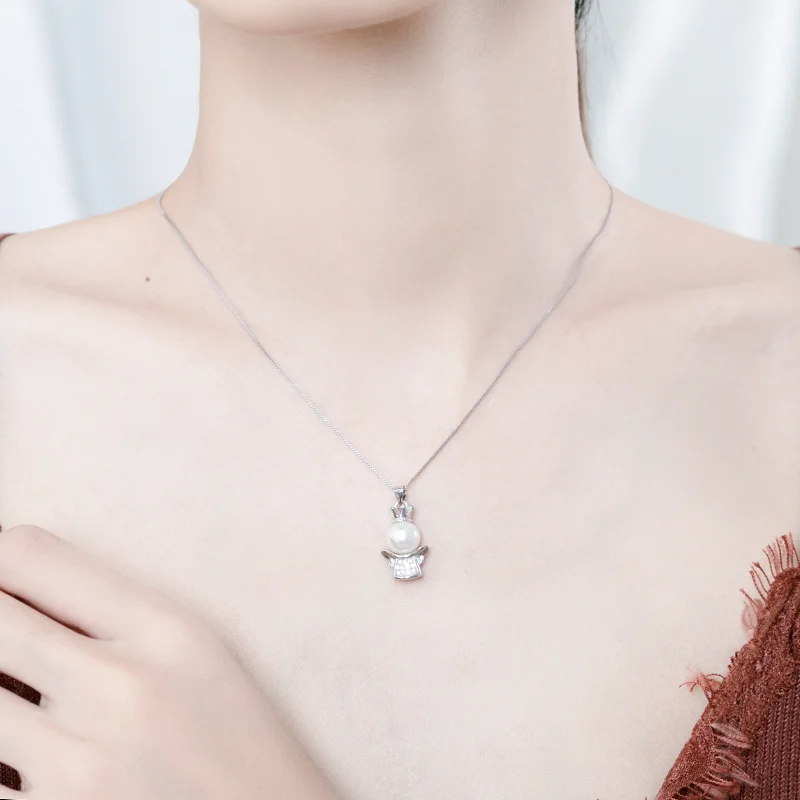 2020 New Fashion Angel Crown Necklaces Pendants for Women Shell Bead 100% 925 Sterling Silver Creative Jewelry Gift for Girl