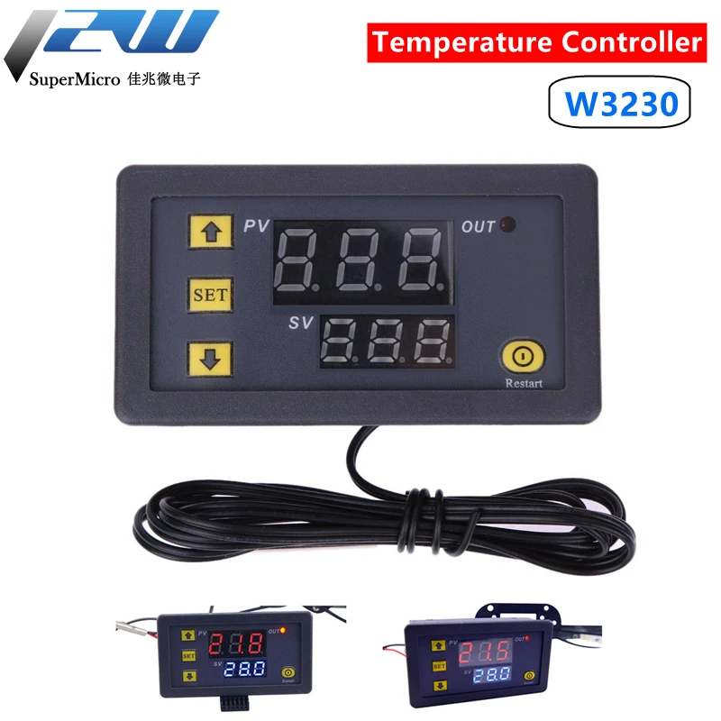 W3230 12V 24V AC110-220V Probe line 20A Digital Temperature Control LED Display Thermostat With Heat/Cooling Control Instrument