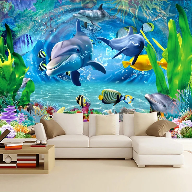 Custom Mural Wall Papers Home Decor Bedroom Kids Room 3D Dolphin Underwater World Living Room TV Background Wall Decor Painting