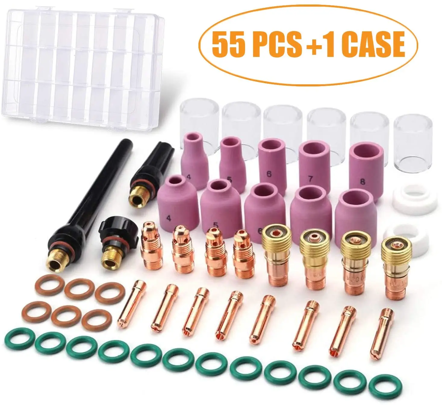 55PC TIG Welding Torch Accessories Kit Collets Body Glass Cup Alumina Nozzle Stubby Gas Lens10 Pyrex Cup Kit for TIG WP-17/18/26