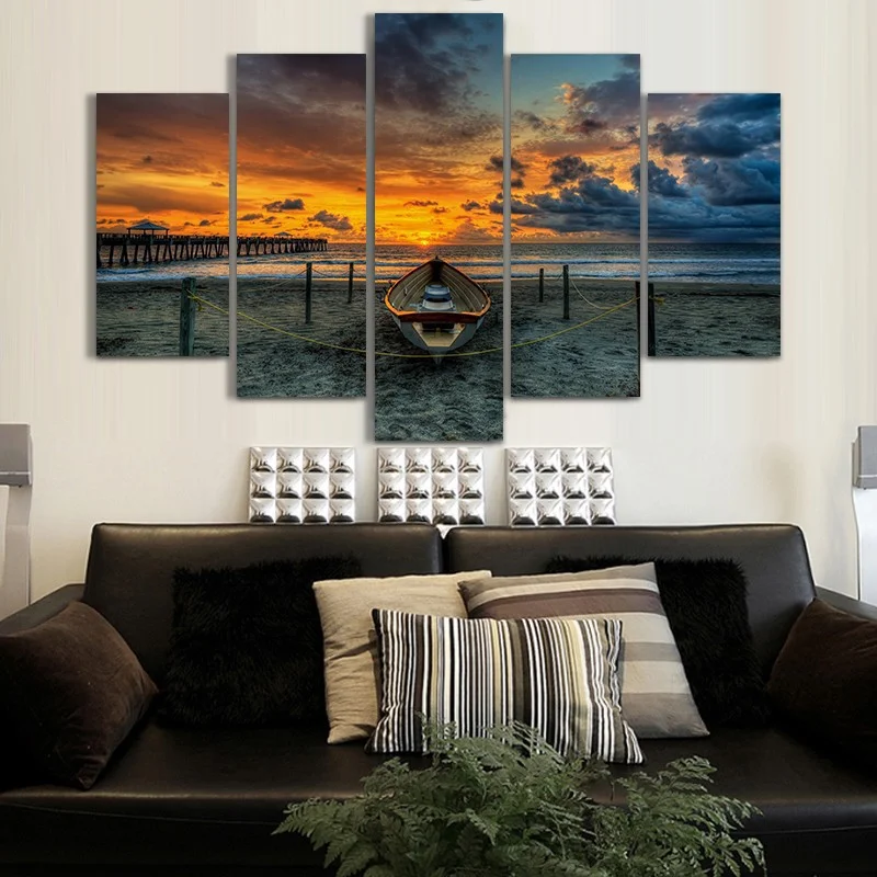 

Wall Art Canvas Painting, 5 Panels, Sea Beach, Sunset, Seascape Poster, Printed, Home, Living Room Decoration