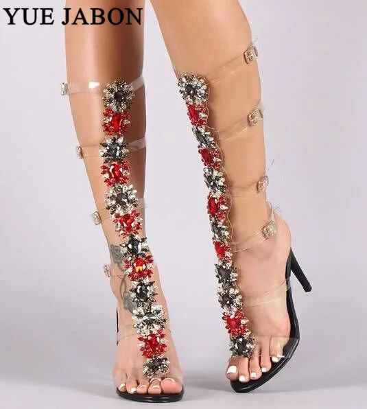 

Новые летние сандалии-гладиаторы на высоком каблуке, женские сапоги до колена с яркими кристаллами и пряжкой на ремешке, богемные сандалии, большие размеры 43
