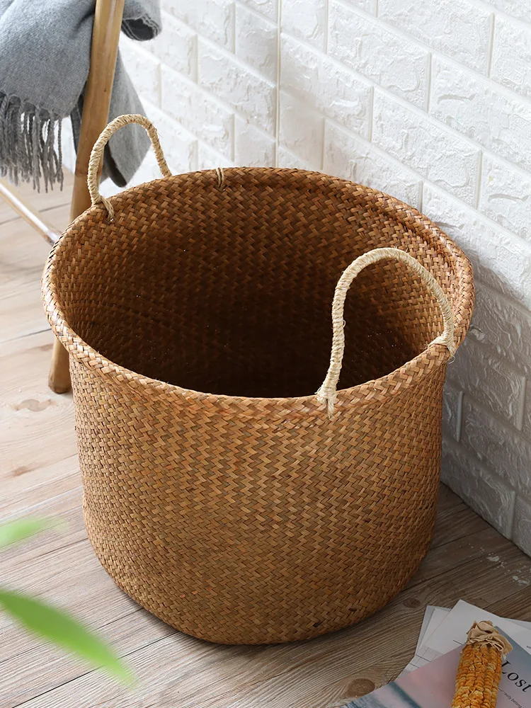 Clothes Basket, Large Size Woven Straw Storage Basket, Round Rattan Knitting Laundry Bucket, Hand-held Toy Storage Bucket