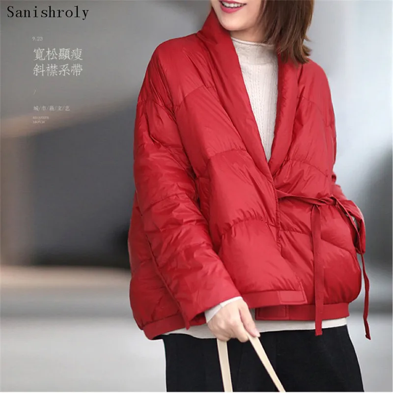 Winter Oversize 90% White Duck Down Coat Women Vintage Oblique Collar Tie Bow Short Jacket Lady Fashion Casual Loose Down Parkas