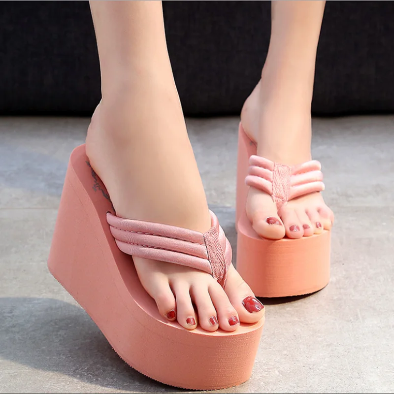 2021 Fashion ladies summer logo slippers stained wedge heel platform flip-flops high heels beach sandals ladies thick high